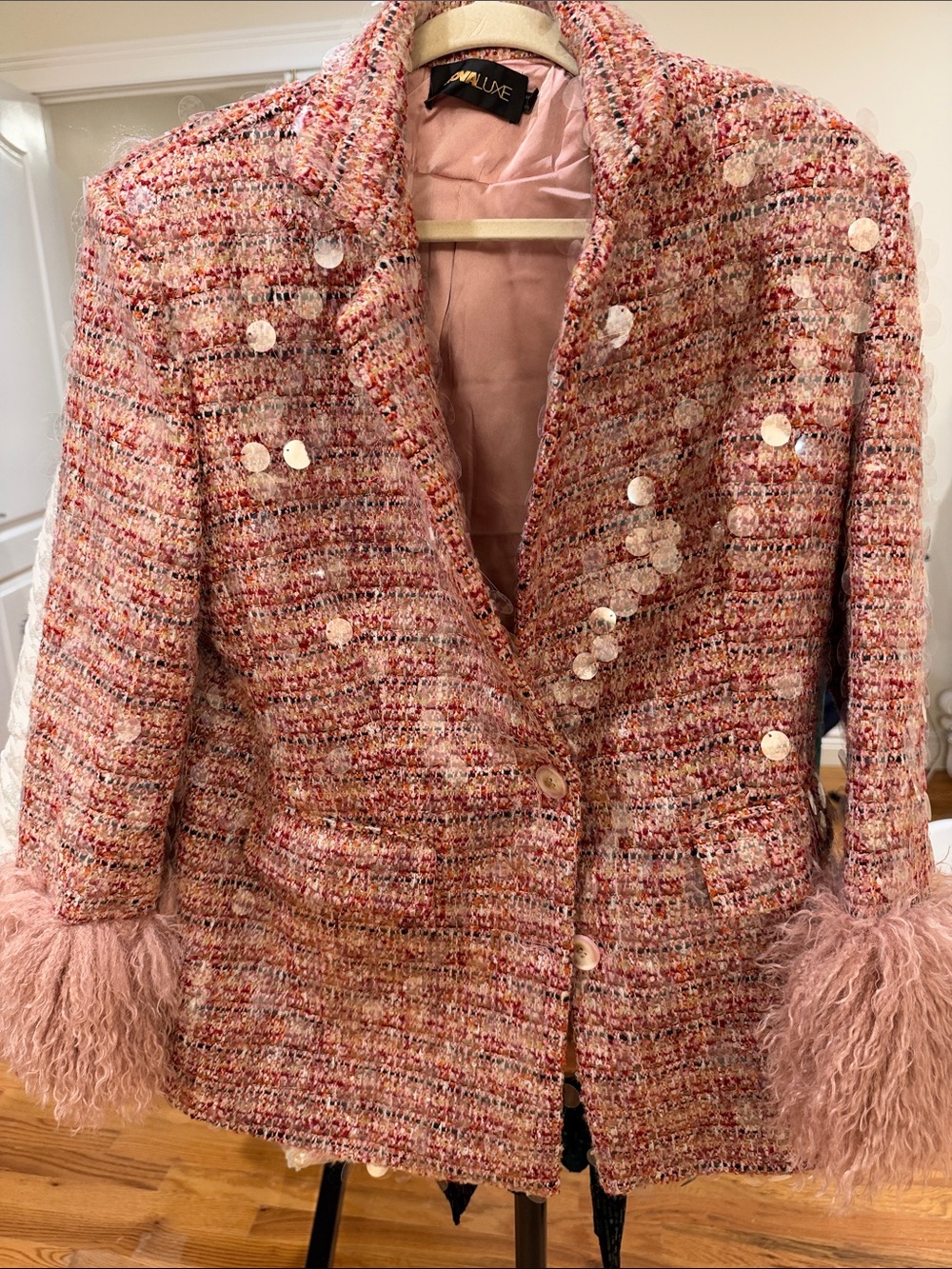 Pink Tweed Sequin Jacket with Faux Fur Cuffs
